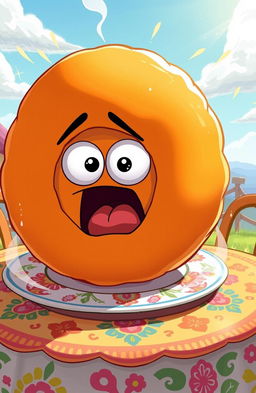 A whimsical cartoon illustration of a giant buñuelo, depicted as a round, golden-brown pastry with a surprised and anxious facial expression, sitting on a decorative plate