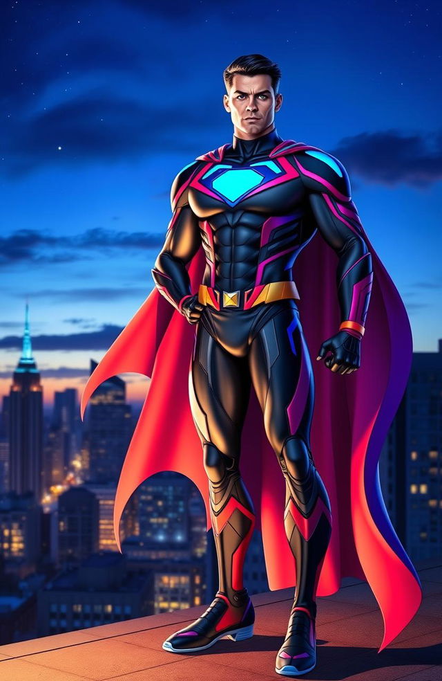 A striking superhero character, clad in a sleek, modern suit with vibrant colors, standing heroically on a city rooftop at twilight