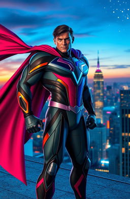 A striking superhero character, clad in a sleek, modern suit with vibrant colors, standing heroically on a city rooftop at twilight