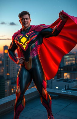 A striking superhero character, clad in a sleek, modern suit with vibrant colors, standing heroically on a city rooftop at twilight