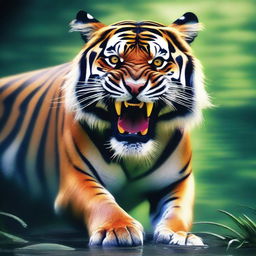 A digital art piece of a monstrous harimau, an Indonesian tiger