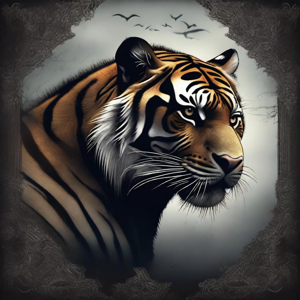 A high-quality digital art piece featuring a monstrous harimau, an Indonesian tiger, depicted in a Gothic art style