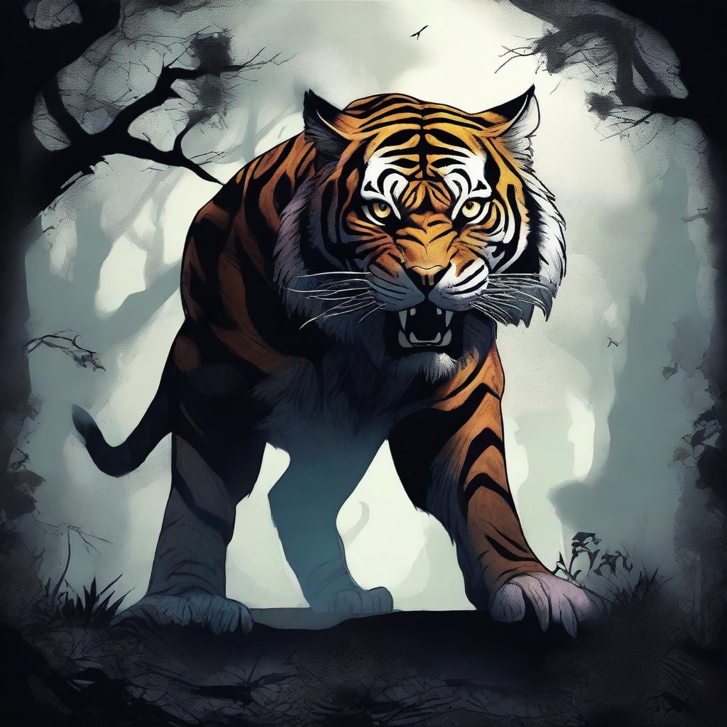 A high-quality digital art piece that portrays a fantastical tiger monster in a gothic style