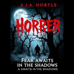A chilling horror book cover featuring a dark, haunted forest with twisted, gnarled trees silhouetted against a full moon