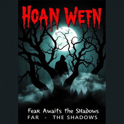 A chilling horror book cover featuring a dark, haunted forest with twisted, gnarled trees silhouetted against a full moon