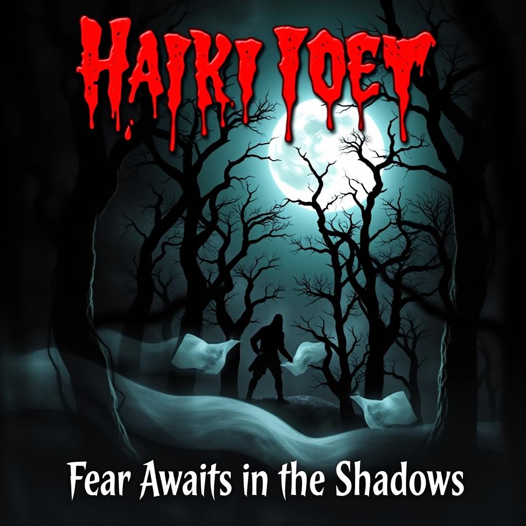 A chilling horror book cover featuring a dark, haunted forest with twisted, gnarled trees silhouetted against a full moon