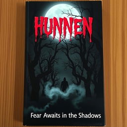 A chilling horror book cover featuring a dark, haunted forest with twisted, gnarled trees silhouetted against a full moon