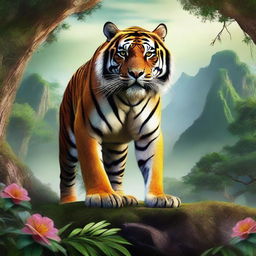 A high-quality digital art piece depicting a realistic tiger monster in the realm of fantasy