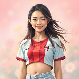 A natural art style portrait of an Asian girl wearing a stylish crop top featuring the AC Milan jersey design