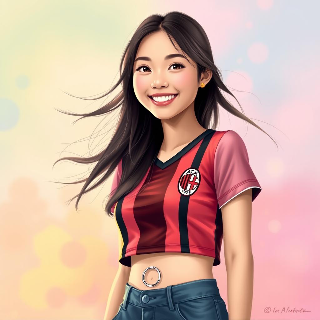 A natural art style portrait of an Asian girl wearing a stylish crop top featuring the AC Milan jersey design