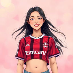 A natural art style portrait of an Asian girl wearing a stylish crop top featuring the AC Milan jersey design
