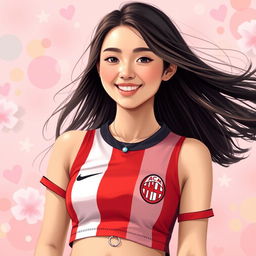 A natural art style portrait of an Asian girl wearing a stylish crop top featuring the AC Milan jersey design