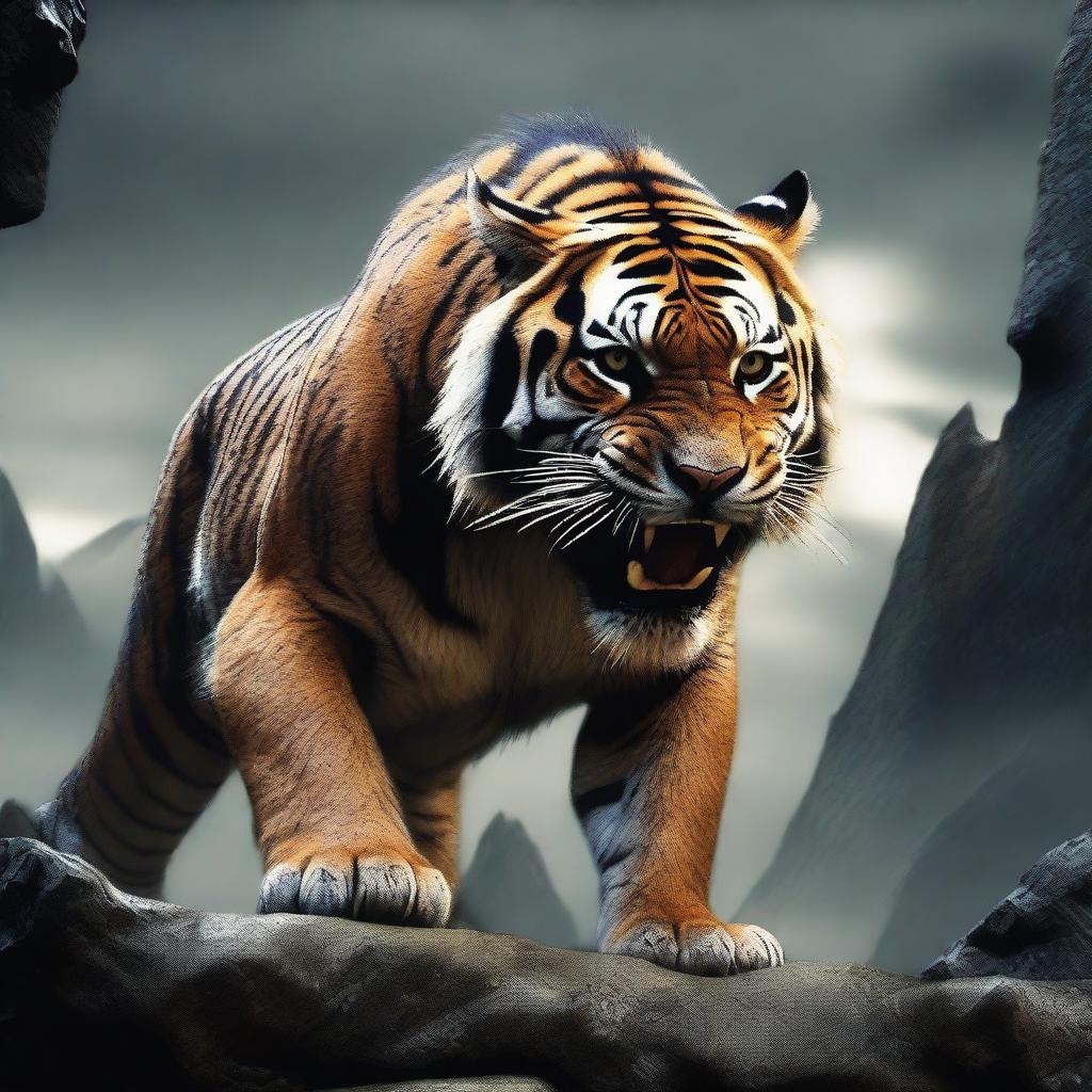 This is a hyper-realistic digital art piece, portraying a giant tiger with rock spikes on its back, set in a dark fantasy theme