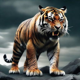 This is a hyper-realistic digital art piece, portraying a giant tiger with rock spikes on its back, set in a dark fantasy theme