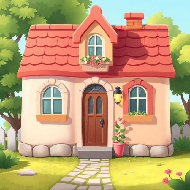 A 2D illustration of a charming little house designed in a 1:1 aspect ratio, inspired by the delightful style of the game Townscaper