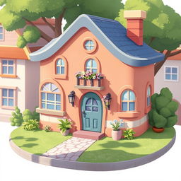 A 2D illustration of a charming little house designed in a 1:1 aspect ratio, inspired by the delightful style of the game Townscaper