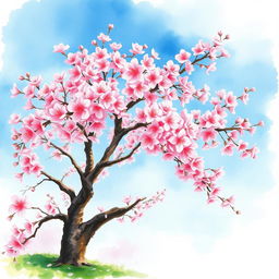 A stunning watercolor painting of a cherry blossom tree in full bloom