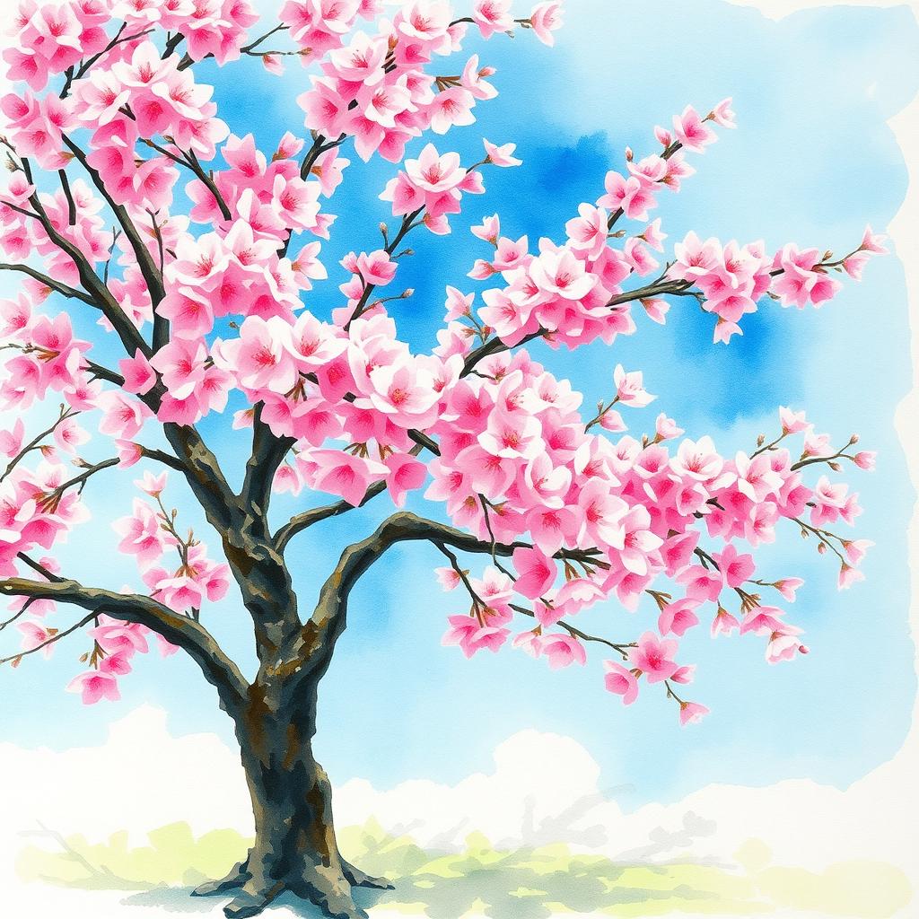 A stunning watercolor painting of a cherry blossom tree in full bloom