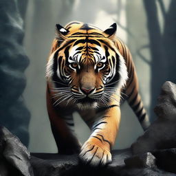 This is a hyper-realistic digital art piece, portraying a giant tiger with rock spikes on its back, set in a dark fantasy theme