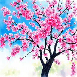 A stunning watercolor painting of a cherry blossom tree in full bloom