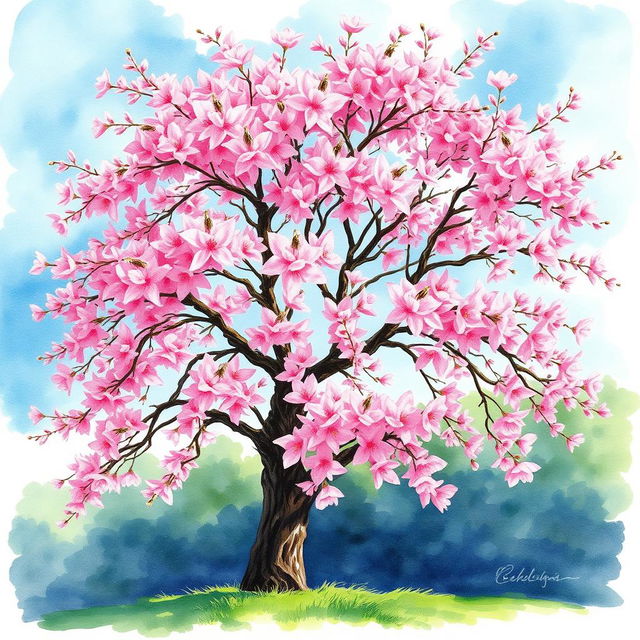 A stunning watercolor painting of a cherry blossom tree in full bloom