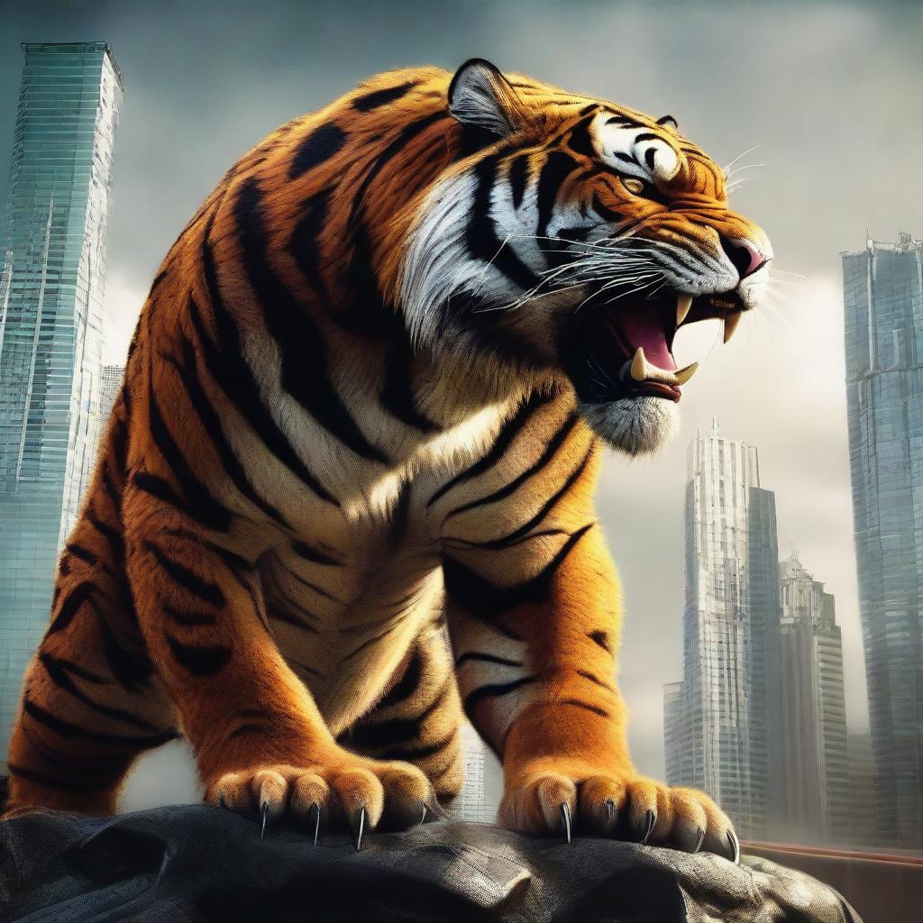 A hyper-realistic digital art piece showcasing a colossal tiger monster, embodying the dominance of the tiger and the grandeur of Godzilla