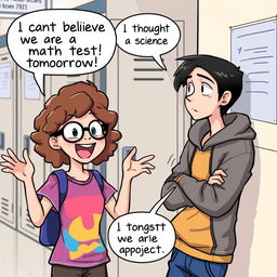 A vibrant comic illustration featuring two characters engaged in a lively discussion about school