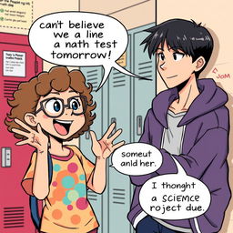 A vibrant comic illustration featuring two characters engaged in a lively discussion about school