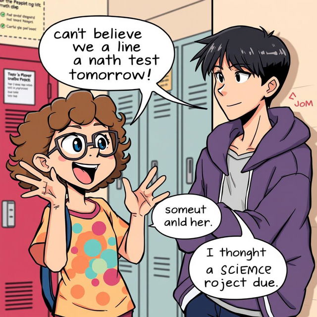 A vibrant comic illustration featuring two characters engaged in a lively discussion about school