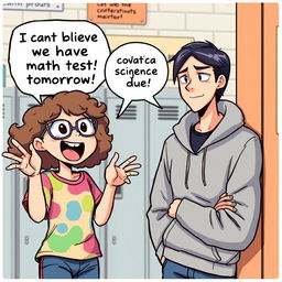 A vibrant comic illustration featuring two characters engaged in a lively discussion about school
