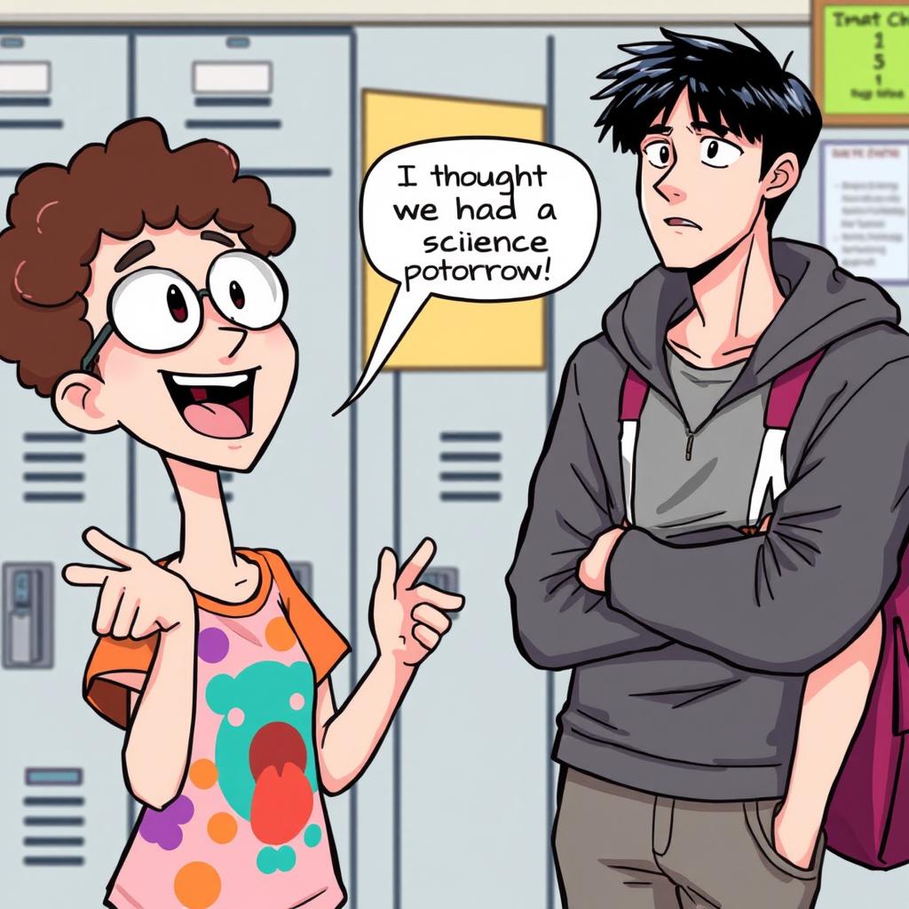 A vibrant comic illustration featuring two characters engaged in a lively discussion about school