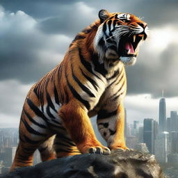 A hyper-realistic digital art piece showcasing a colossal tiger monster, embodying the dominance of the tiger and the grandeur of Godzilla