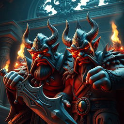 In a striking 3D image, the demon generals Chand and Mund are depicted in their lavish palace, characterized by dark, ornate architecture that signifies their high status