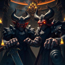 In a striking 3D image, the demon generals Chand and Mund are depicted in their lavish palace, characterized by dark, ornate architecture that signifies their high status