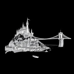 A fantasy scene featuring a mysterious coastal town illustrated in detailed line art