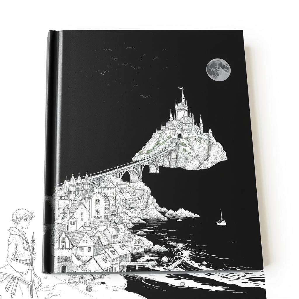 A fantasy scene featuring a mysterious coastal town illustrated in detailed line art