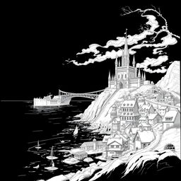 A fantasy scene featuring a mysterious coastal town illustrated in detailed line art