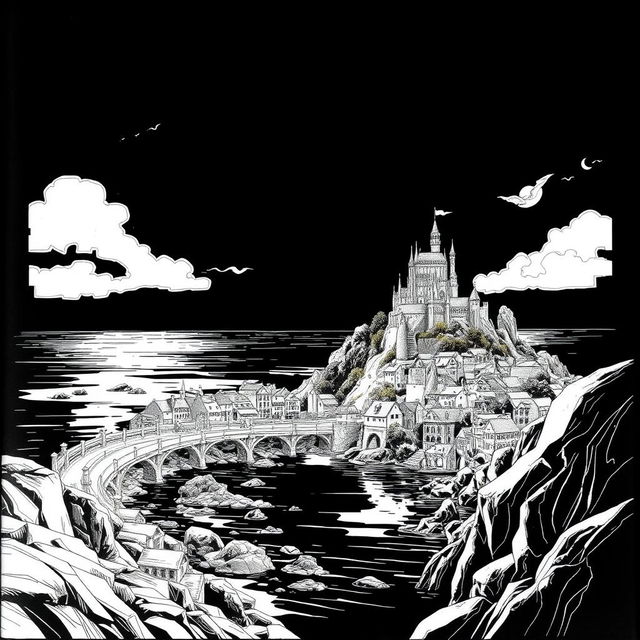 A fantasy scene featuring a mysterious coastal town illustrated in detailed line art