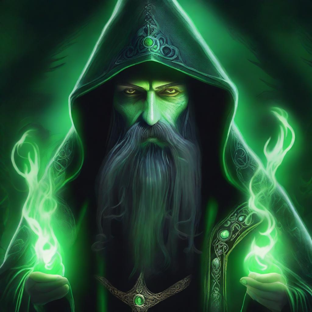 A digital art image of a necromancy wizard with black hair and a beard