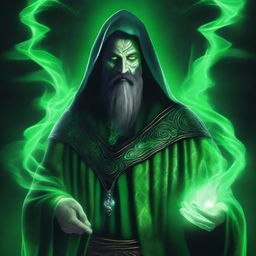 A digital art image of a necromancy wizard with black hair and a beard