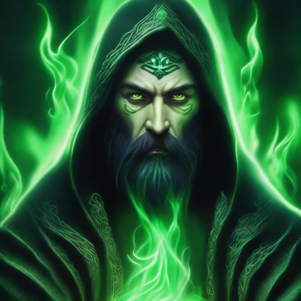 A digital art image of a necromancy wizard with black hair and a beard