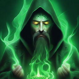 A digital art image of a necromancy wizard with black hair and a beard