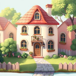 A 2D illustration of a whimsical little house designed in a 1:1 aspect ratio, inspired by the charming style of the game Townscaper