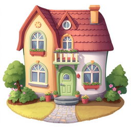 A 2D illustration of a whimsical little house designed in a 1:1 aspect ratio, inspired by the charming style of the game Townscaper