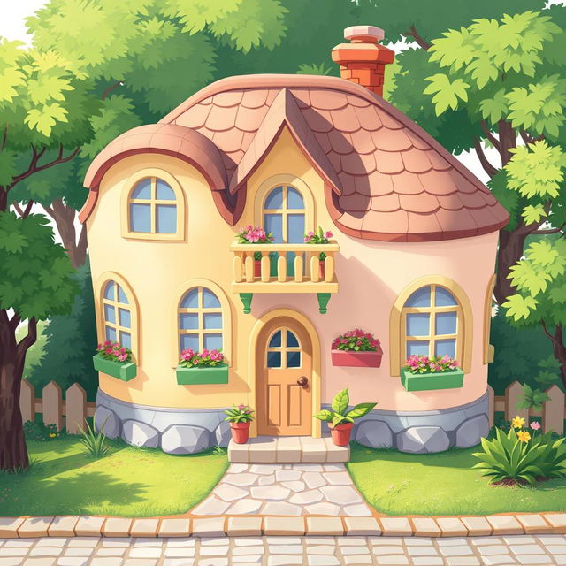 A 2D illustration of a whimsical little house designed in a 1:1 aspect ratio, inspired by the charming style of the game Townscaper