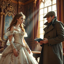 A teenage princess in a lavish, ornately decorated royal chamber, wearing an elegant gown adorned with intricate embroidery and sparkling jewels, passionately arguing with a rugged detective in a classic trench coat