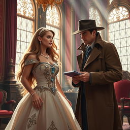 A teenage princess in a lavish, ornately decorated royal chamber, wearing an elegant gown adorned with intricate embroidery and sparkling jewels, passionately arguing with a rugged detective in a classic trench coat