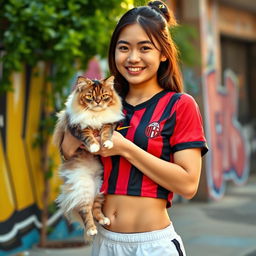 A fashionable Indonesian girl wearing a stylish AC Milan crop top jersey, showcasing her belly ring