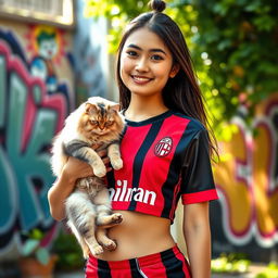 A fashionable Indonesian girl wearing a stylish AC Milan crop top jersey, showcasing her belly ring