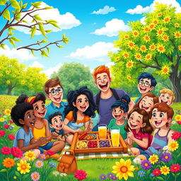 A vibrant and colorful scene featuring a group of diverse people, each showing expressive faces filled with joy and excitement